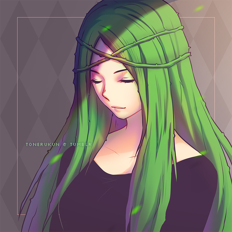 1girl, artist_name, boku_no_hero_academia, closed_eyes, green_hair, long_hair, plant, shiozaki_ibara, solo, teeth, thorns, tonerukun, vines, watermark, web_address