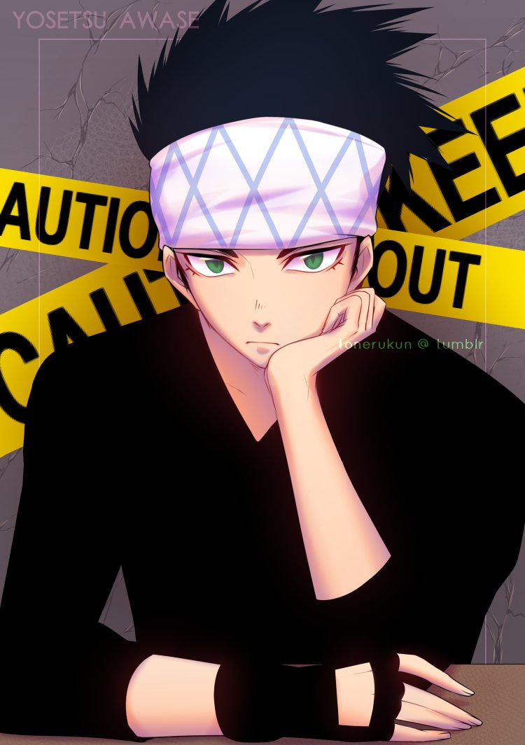 1boy, artist_name, awase_yousetsu, black_hair, boku_no_hero_academia, caution_tape, gloves, green_eyes, headband, male_focus, single_glove, solo, tonerukun, watermark, web_address