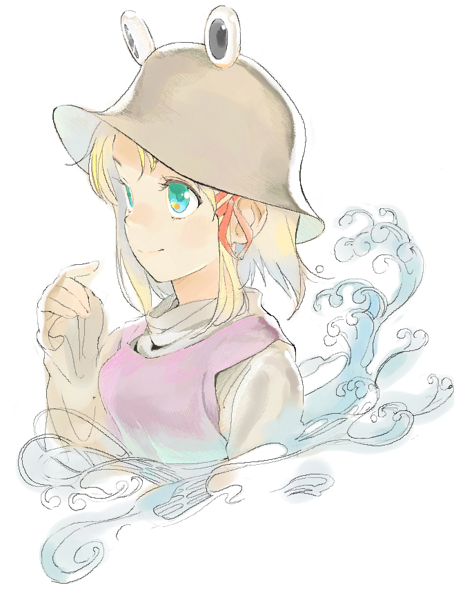 1girl, aqua_eyes, bangs, blonde_hair, breasts, brown_hat, closed_mouth, eyelashes