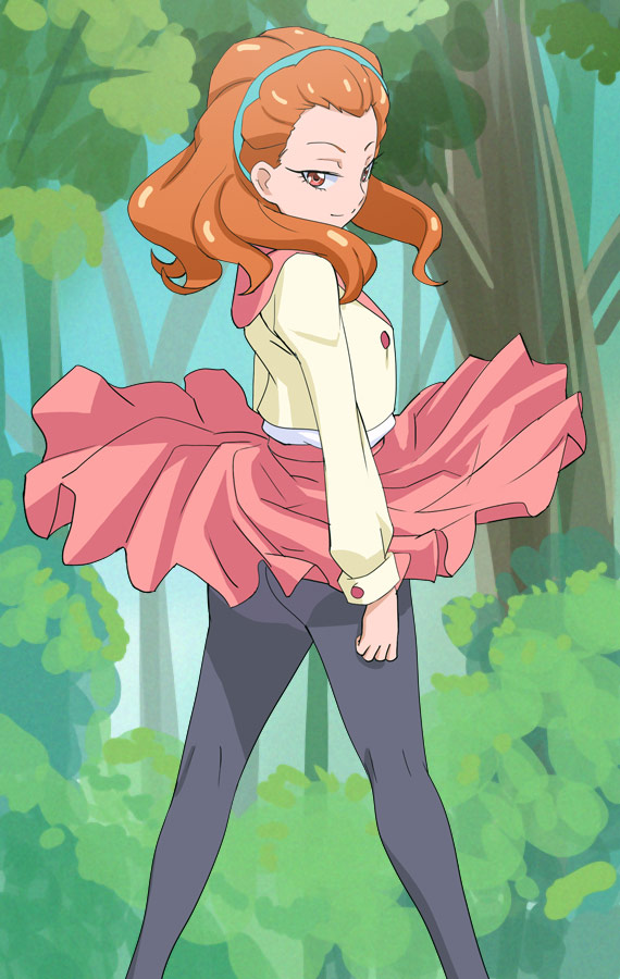 1girl, black_legwear, blue_hairband, closed_mouth, hairband, haruyama_kazunori, hugtto!_precure, ichijou_ranze, long_sleeves, looking_at_viewer, looking_to_the_side, orange_eyes, pantyhose, pink_skirt, precure, short_hair, skirt, smile, solo, standing