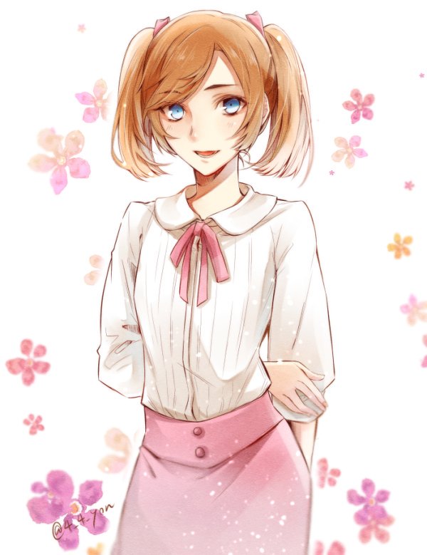1girl, blue_eyes, blush, brown_hair, nein_(album), pink_ribbon, pink_skirt, ribbon