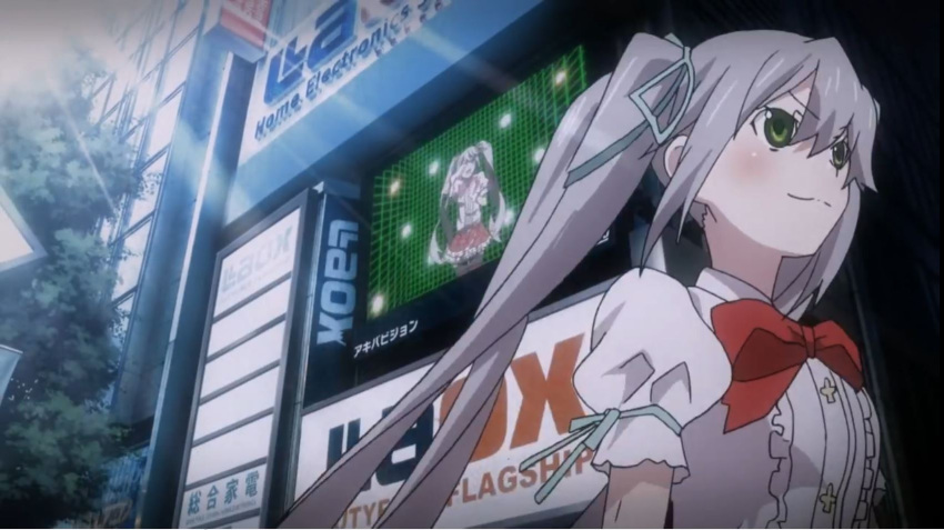 1girl, ad, akiba's_trip, akiba's_trip_2, bow, green_eyes, hair_ribbon, highres