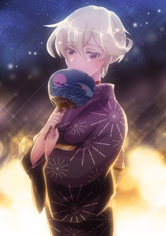 androgynous, blurry, blurry_background, blush, covered_mouth, earrings, fan, japanese_clothes