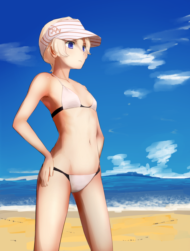 1girl, beach, bikini, blonde_hair, blue_eyes, blue_sky, breasts, groin