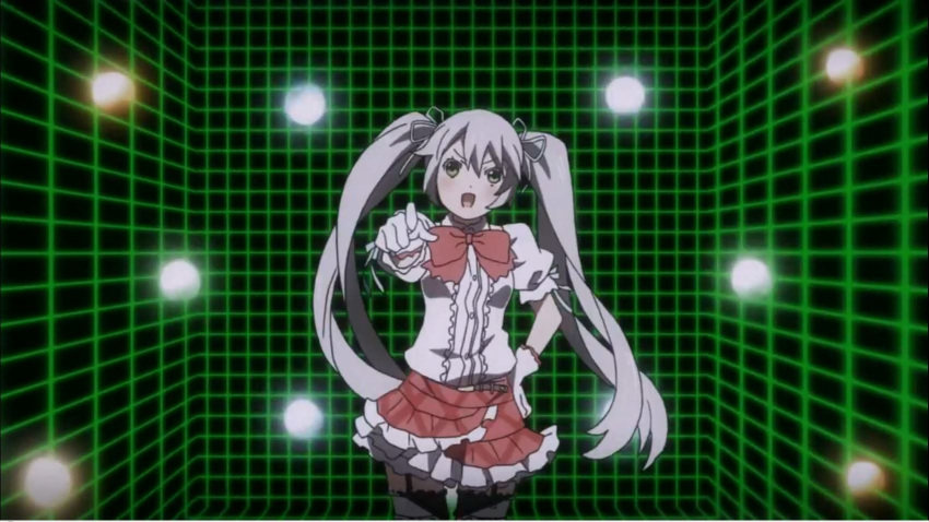 1girl, akiba's_trip, akiba's_trip_2, belt, bow, frilled_skirt, frills, gloves