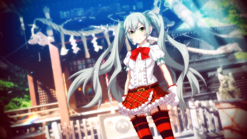 1girl, akiba's_trip, akiba's_trip_2, belt, bow, frilled_skirt, frills, gloves