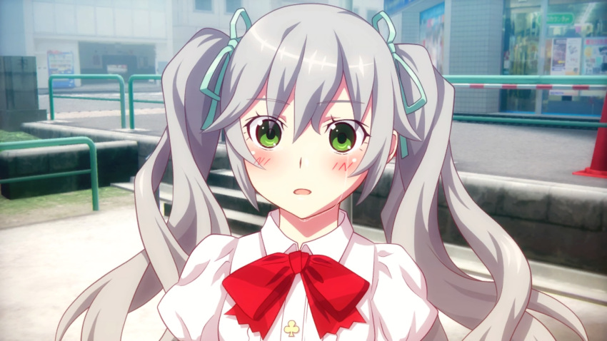 1girl, akiba's_trip, akiba's_trip_2, blush, bow, crying, crying_with_eyes_open, green_eyes