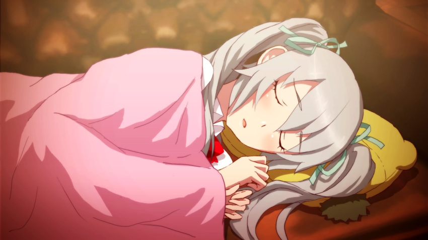1girl, akiba's_trip, akiba's_trip_2, blanket, blush, bow, hair_ribbon, highres