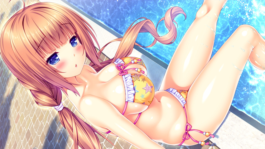 1girl, bikini, blue_eyes, blush, breasts, large_breasts, long_hair, naomi_(tropical_liquor), sayori, shiny, shiny_skin, swimsuit, tropical_liquor, twintails