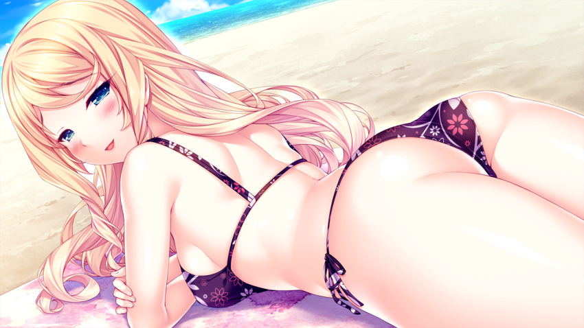 1girl, ass, bikini, blonde_hair, blue_eyes, blush, breasts, lisa_(tropical_liquor)