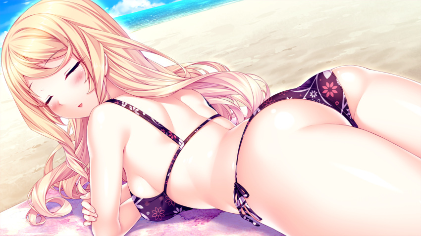 1girl, ass, bikini, blonde_hair, blue_eyes, blush, breasts, lisa_(tropical_liquor)