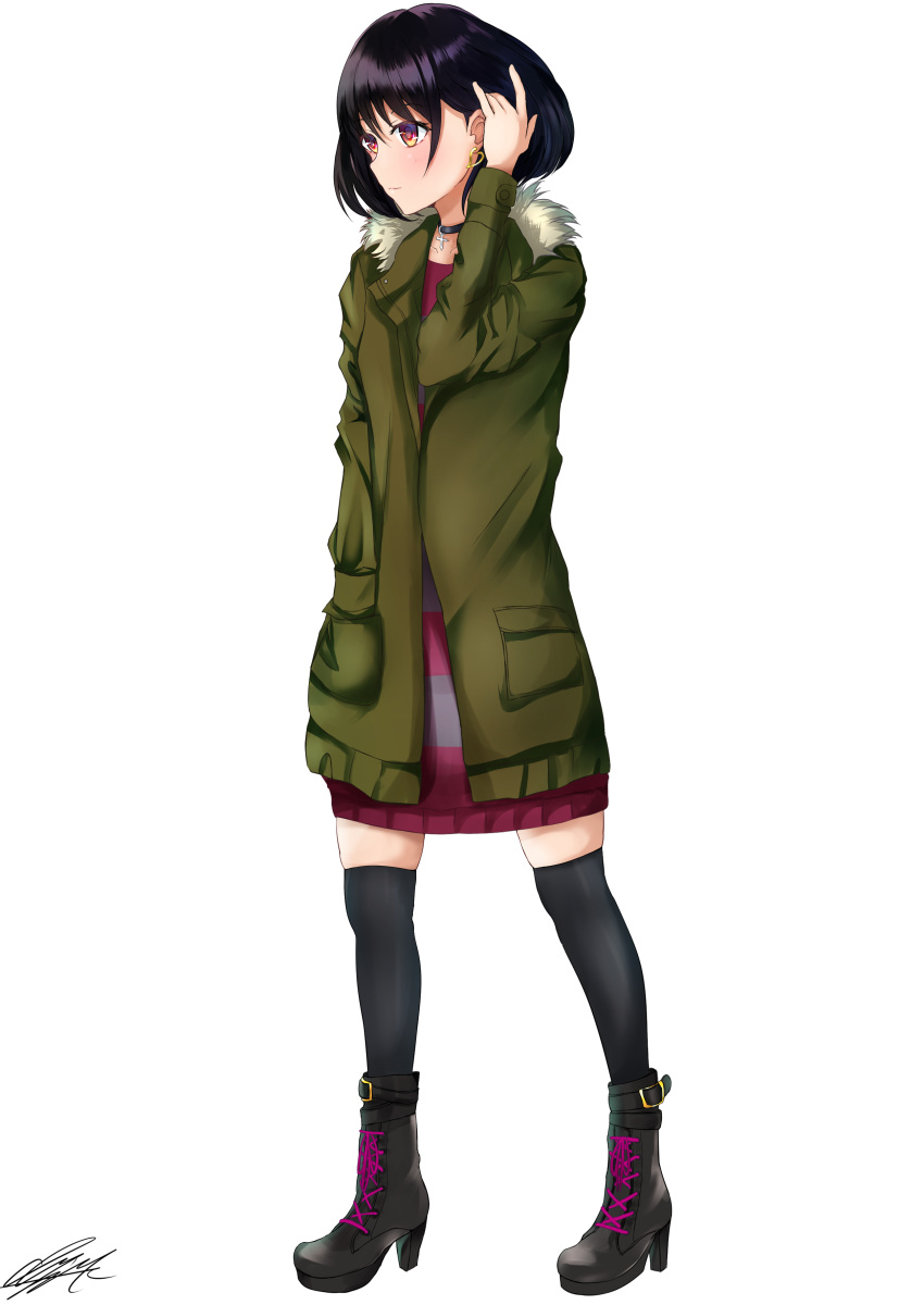 1girl, absurdres, black_footwear, black_hair, black_legwear, boots, brown_eyes, choker