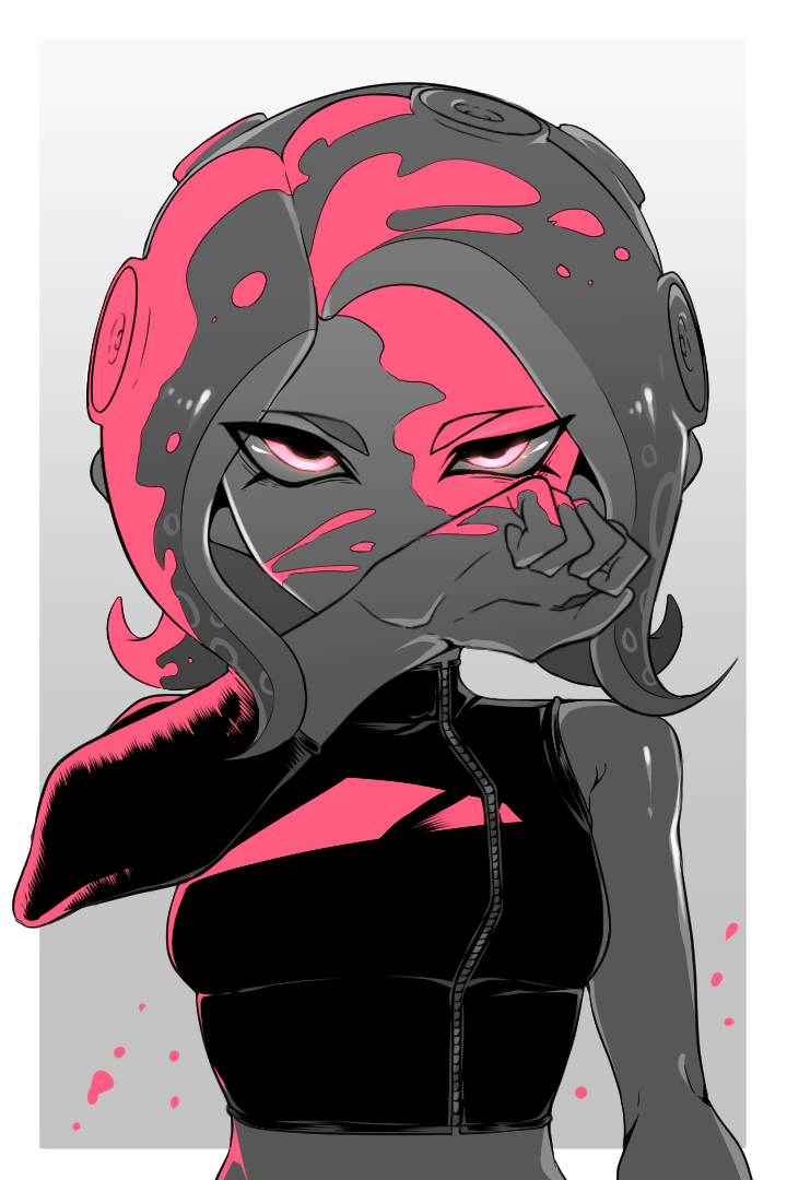 1girl, agent_8, asymmetrical_sleeves, covered_mouth, crop_top, geroro44, greyscale, makeup