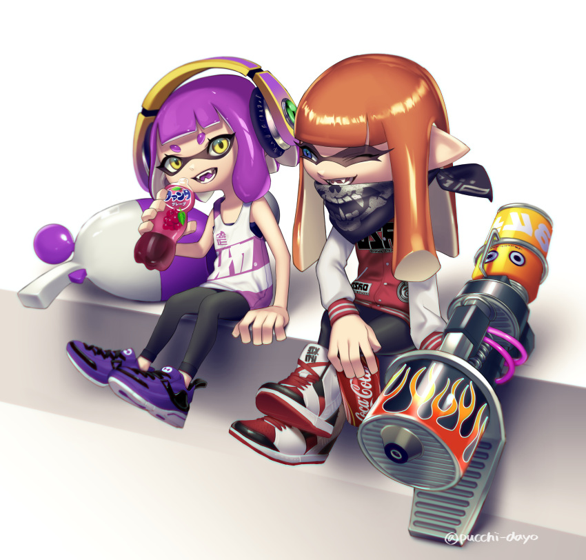 2girls, absurdres, arm_support, bandanna, bangs, bike_shorts, black_shorts, blue_eyes