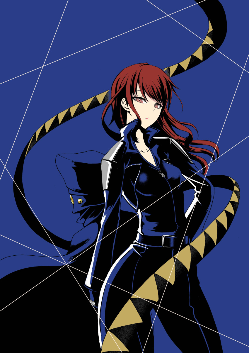 1girl, absurdres, belt, blue_background, blue_bodysuit, bodysuit, boogiepop, breasts