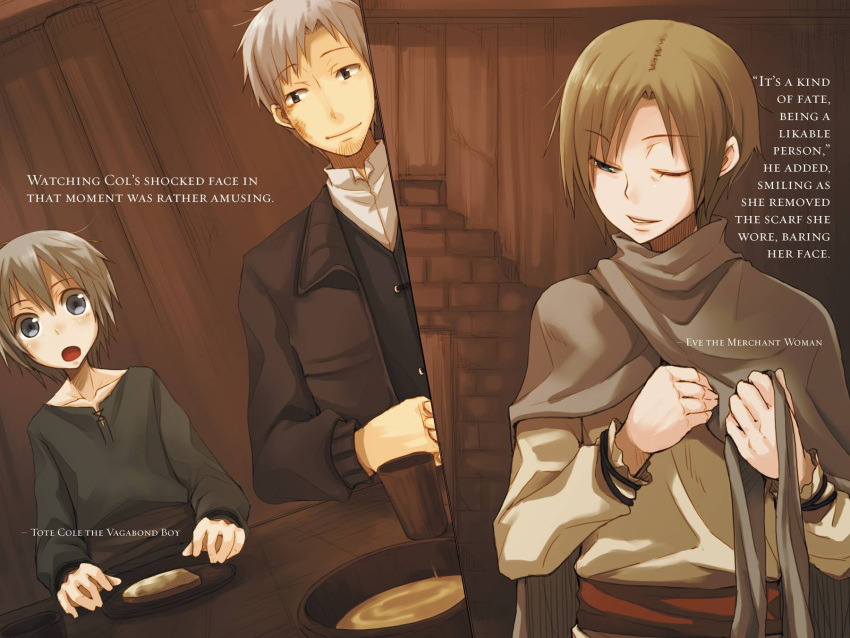 1girl, 2boys, ;), ayakura_juu, blue_eyes, brown_hair, bruise_on_face, collarbone
