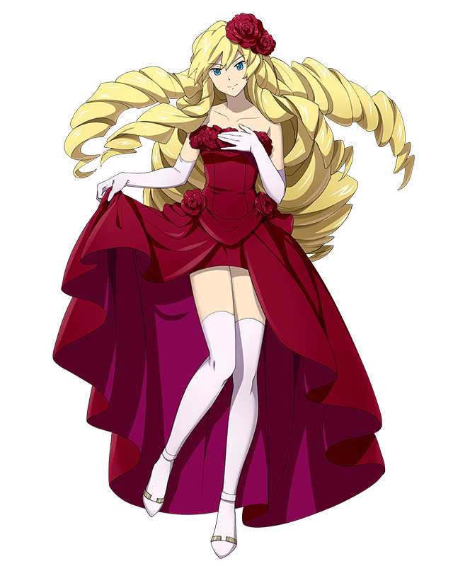 1girl, blonde_hair, blue_eyes, breasts, collarbone, dress, drill_hair, elbow_gloves, floating_hair, flower, full_body, gloves, hair_flower, hair_ornament, head_tilt, log_horizon, long_hair, looking_at_viewer, medium_breasts, official_art, red_dress, red_flower, rieze_(log_horizon), skirt_hold, sleeveless, sleeveless_dress, smile, solo, standing, striped, thigh-highs, transparent_background, very_long_hair, white_footwear, white_gloves, white_legwear