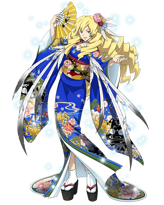 1girl, :d, blonde_hair, blue_eyes, blue_kimono, blue_nails, fan, feathers, floating_hair, floral_print, flower, full_body, hair_feathers, hair_flower, hair_ornament, holding, holding_fan, japanese_clothes, kimono, log_horizon, long_hair, looking_at_viewer, nail_polish, obi, official_art, open_mouth, pink_flower, platform_clogs, red_flower, rieze_(log_horizon), sash, smile, socks, solo, standing, transparent_background, very_long_hair, white_feathers, white_legwear, yukata