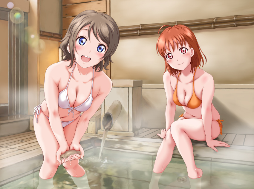 2girls, ahoge, bare_shoulders, bikini, blue_eyes, blush, breasts, brown_hair, cleavage, collarbone, front-tie_bikini, front-tie_top, highres, hot_springs, indoors, keisuke_(0320030103200301), leaning_forward, lens_flare, looking_at_viewer, love_live!, love_live!_sunshine!!, medium_breasts, multiple_girls, navel, onsen, orange_bikini, orange_hair, red_eyes, shiny, shiny_hair, short_hair, side-tie_bikini, sitting, smile, steam, swimsuit, takami_chika, teeth, watanabe_you, water, white_bikini