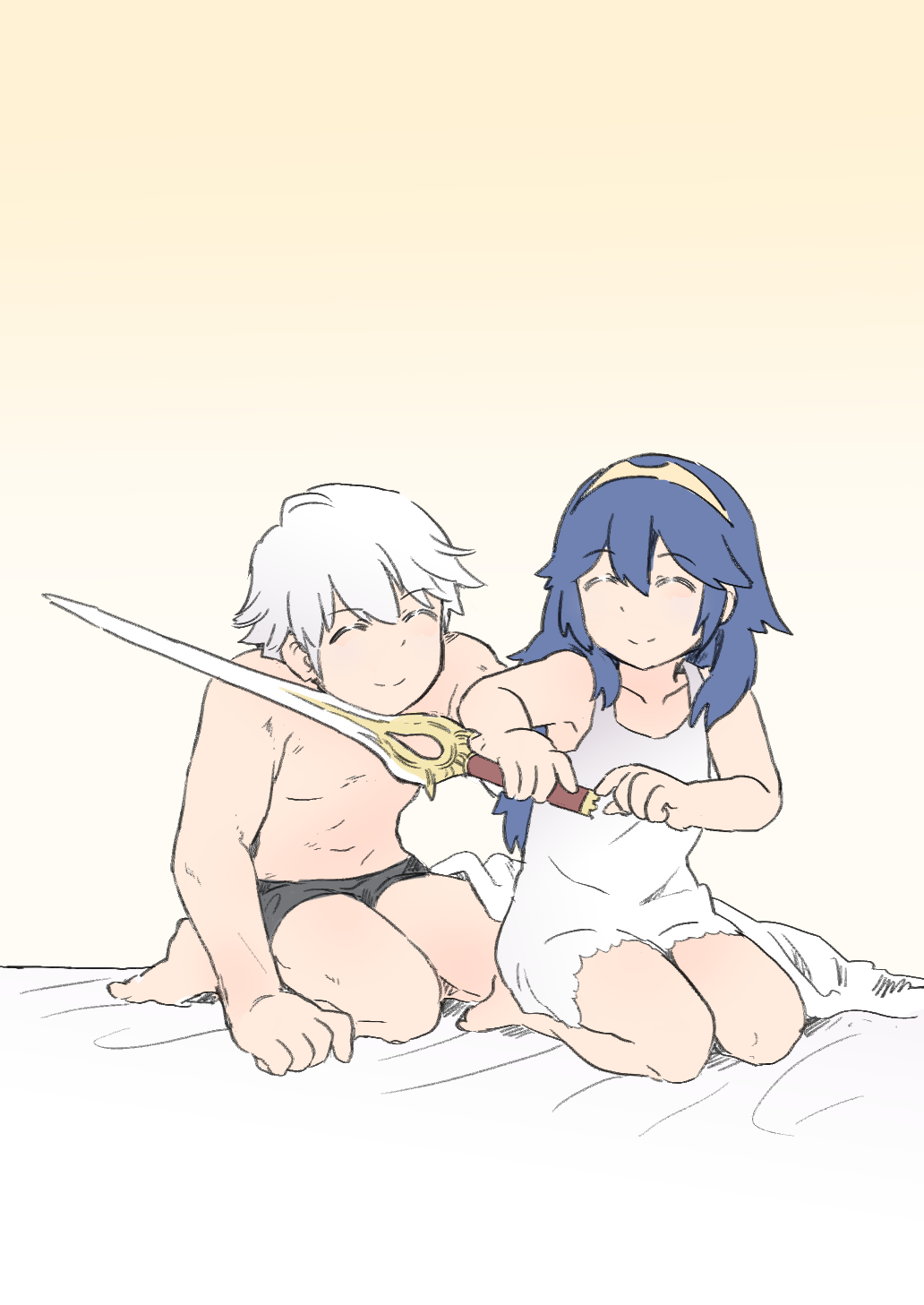 1girl, blue_hair, blush, camisole, closed_eyes, couple, falchion_(fire_emblem), fire_emblem