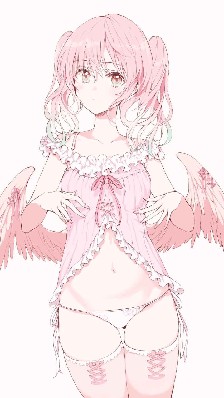 1girl, angel, angel_wings, babydoll, bangs, blue_eyes, cowboy_shot, frilled_babydoll, frills, highres, lingerie, looking_at_viewer, nail_polish, navel, nghrstst, original, pale_color, panties, pink, pink_babydoll, pink_background, pink_hair, pink_legwear, pink_nails, pink_ribbon, pink_wings, ribbon, side-tie_panties, solo, thigh-highs, twintails, underwear, white_panties, wing_ribbon, wings