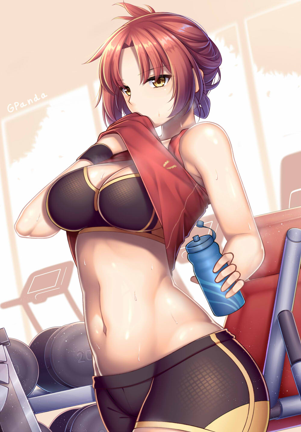 1girl, bare_shoulders, benghuai_xueyuan, bottle, breasts, cleavage, guardian-panda, gym
