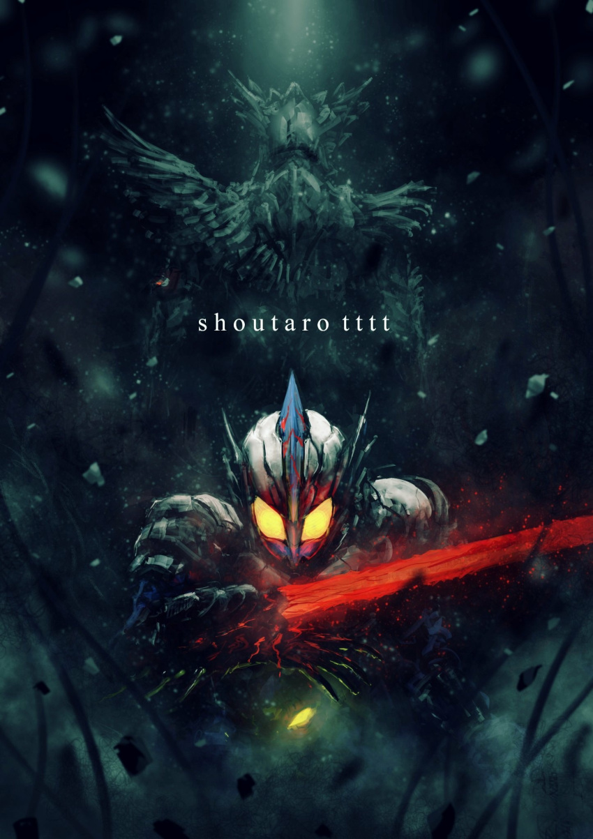 1boy, 1girl, arm_blade, armor, artist_name, belt, crow_amazon, full_armor