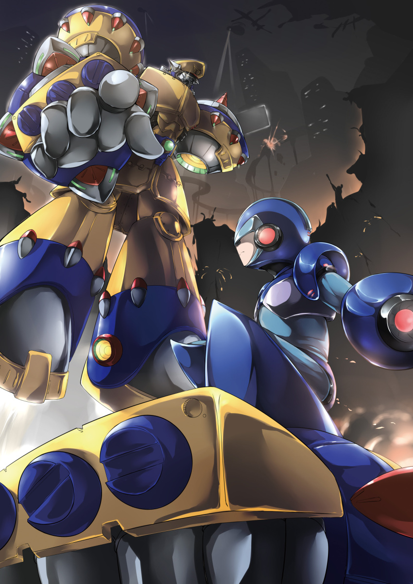 2boys, absurdres, android, angetsu_no_koshousha, arm_cannon, cape, commentary_request, facial_hair