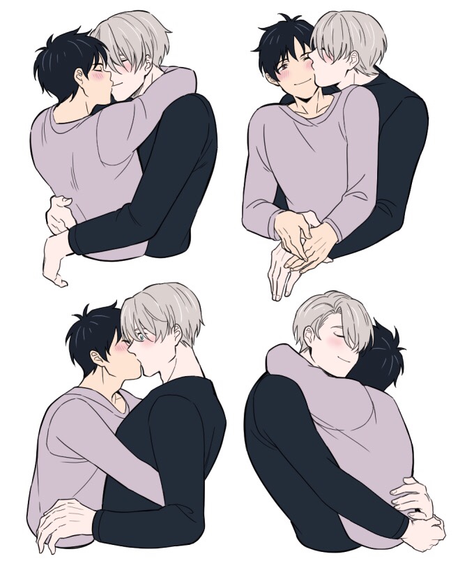 2boys, al_(ahr), black_hair, blue_eyes, blush, brown_eyes, cheek_kiss, closed_eyes