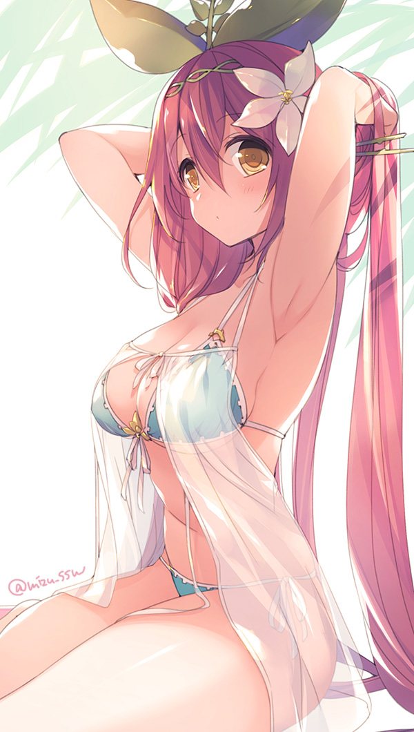 1girl, armpits, arms_up, bikini, blue_bikini, blush, breasts, cleavage