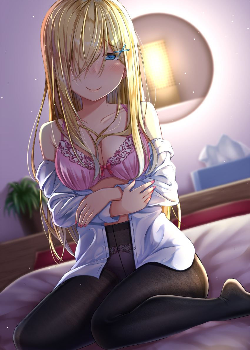 1girl, bangs, bare_shoulders, bed, black_legwear, blonde_hair, blue_eyes, blurry, blurry_background, blush, bow, bow_bra, bra, breasts, cleavage, closed_mouth, collarbone, commentary_request, depth_of_field, dutch_angle, eyebrows_visible_through_hair, fine_fabric_emphasis, gurande_(g-size), hair_ornament, hair_over_one_eye, hairclip, half-closed_eye, highres, indoors, long_hair, medium_breasts, no_pants, no_shoes, off_shoulder, on_bed, original, panties, panties_under_pantyhose, pantyhose, pink_bra, pink_panties, plant, potted_plant, shirt, sitting, smile, solo, tissue_box, underwear, very_long_hair, wariza, white_shirt, x_hair_ornament, yogiashi_touka