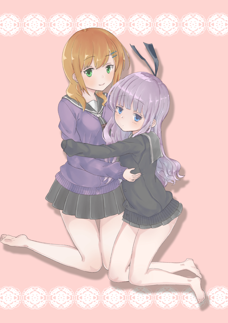 2girls, bangs, barefoot, black_cardigan, black_ribbon, black_skirt, blue_eyes, blush