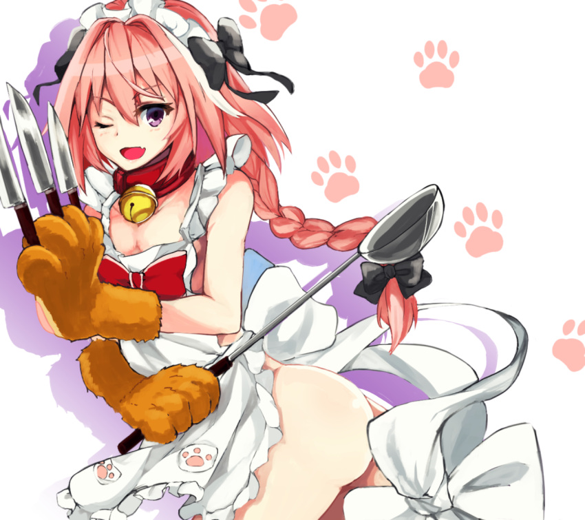 1boy, ;d, ahoge, alternate_costume, apron, arched_back, ass, astolfo_(fate), bangs, bare_arms, bare_shoulders, bell, bell_collar, belt_collar, black_bow, blush, bow, braid, collar, collarbone, commentary_request, cosplay, cowboy_shot, crossdressinging, dot_nose, enmaided, eyebrows_visible_through_hair, fang, fate/apocrypha, fate/grand_order, fate_(series), frilled_apron, frills, from_side, gloves, hair_between_eyes, hair_bow, hair_intakes, hands_up, holding, holding_knife, jingle_bell, knife, knives_between_fingers, ladle, large_bow, leaning_forward, long_hair, looking_at_viewer, looking_to_the_side, maid, maid_headdress, male_focus, multicolored_hair, naked_apron, one_eye_closed, open_mouth, paw_gloves, paw_print, paw_print_pattern, paws, pink_hair, red_bow, red_collar, shiromeneko, simple_background, single_braid, sleeveless, smile, solo, standing, streaked_hair, tamamo_(fate)_(all), tamamo_cat_(fate), tamamo_cat_(fate)_(cosplay), trap, two-tone_hair, violet_eyes, white_apron, white_background, white_bow, white_hair
