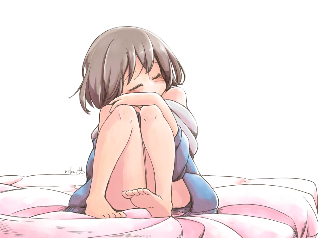 androgynous, bangs, bare_legs, bare_shoulders, barefoot, bed_sheet, blue_jacket, blush, brown_hair, closed_eyes, convenient_leg, eyebrows, eyebrows_visible_through_hair, feet, frisk_(undertale), full_body, hand_on_own_knee, hand_up, hood, hood_down, hooded_jacket, jacket, legs, long_sleeves, off_shoulder, orange_skin, rikuo_(whace), short_hair, signature, simple_background, sitting, solo, undertale, white_background