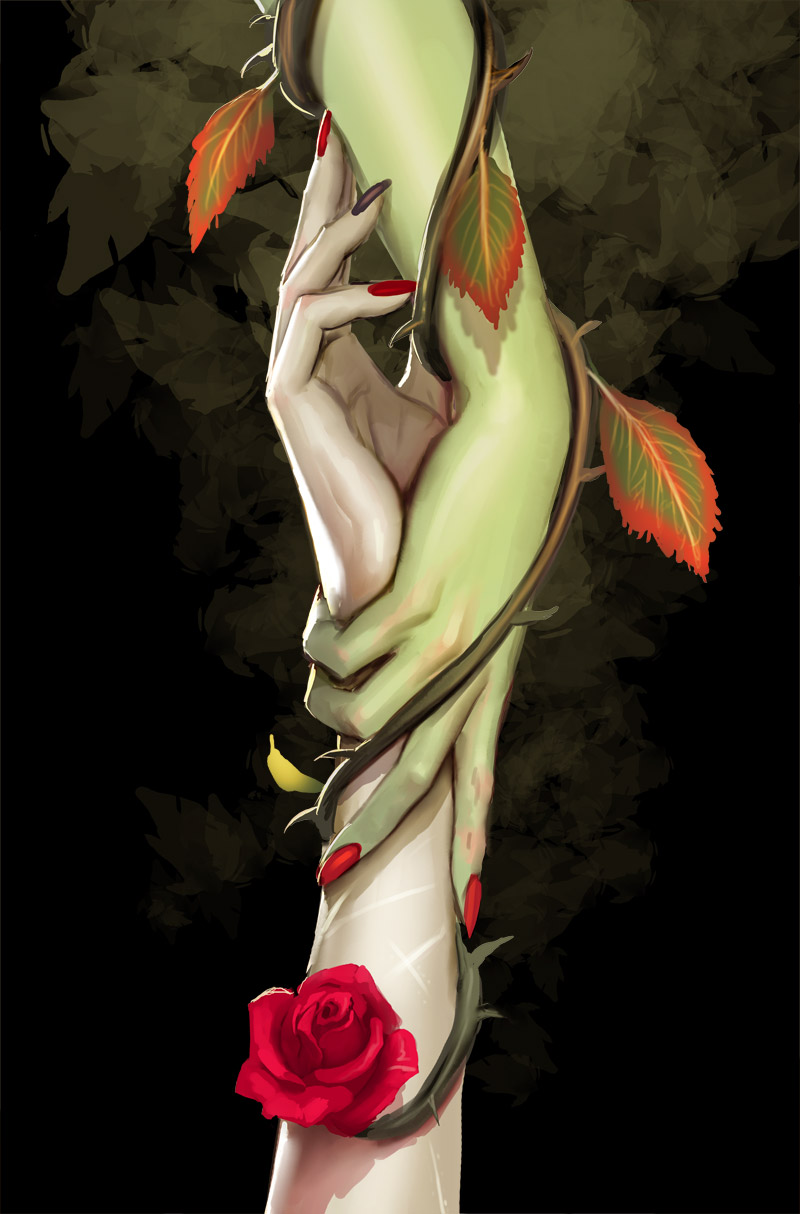 2girls, batman_(series), black_nails, dc_comics, flower, green_skin, hands, harley_quinn, highres, leaf, multiple_girls, nail_polish, pale_skin, plant, poison_ivy, red_nails, rose, scar, stjepan_sejic, thorns, vines, yuri