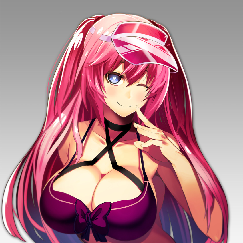 1girl, blue_eyes, breasts, cleavage, hat, heart, heart-shaped_pupils, highres