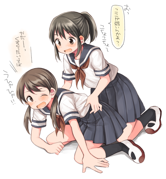 2girls, ;>, bangs, bent_elbows, bent_knees, black_legwear, blue_skirt, blush