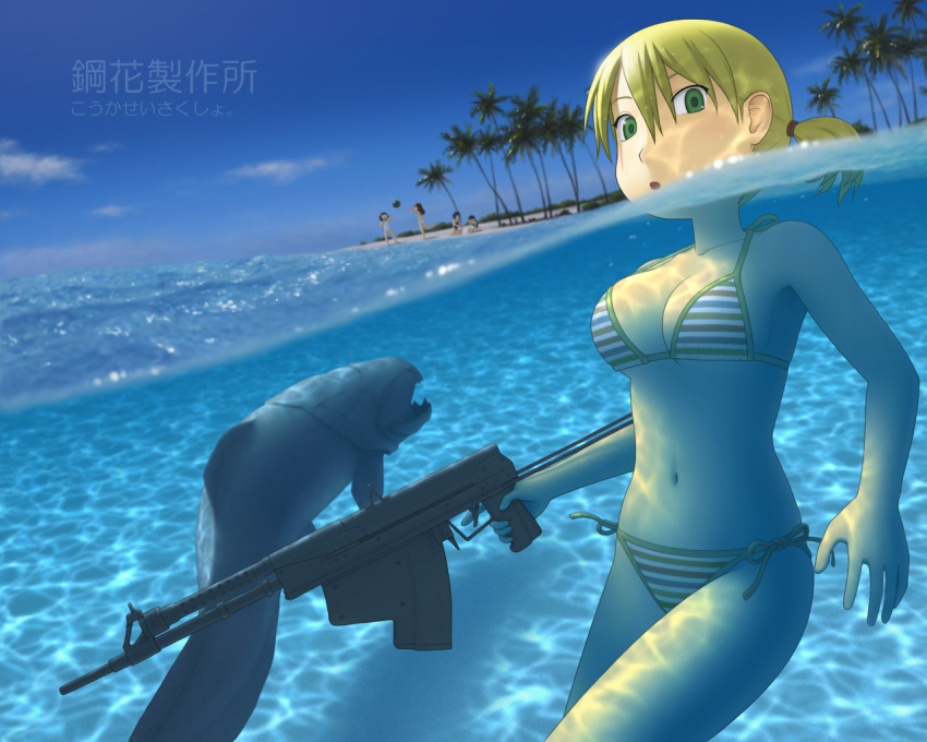 aps, beach, bikini, blonde_hair, dunkleosteus, eels, fish, green_eyes