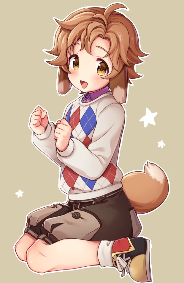 1boy, alternate_hairstyle, animal_ears, argyle, argyle_sweater, blush, brown_eyes, brown_hair