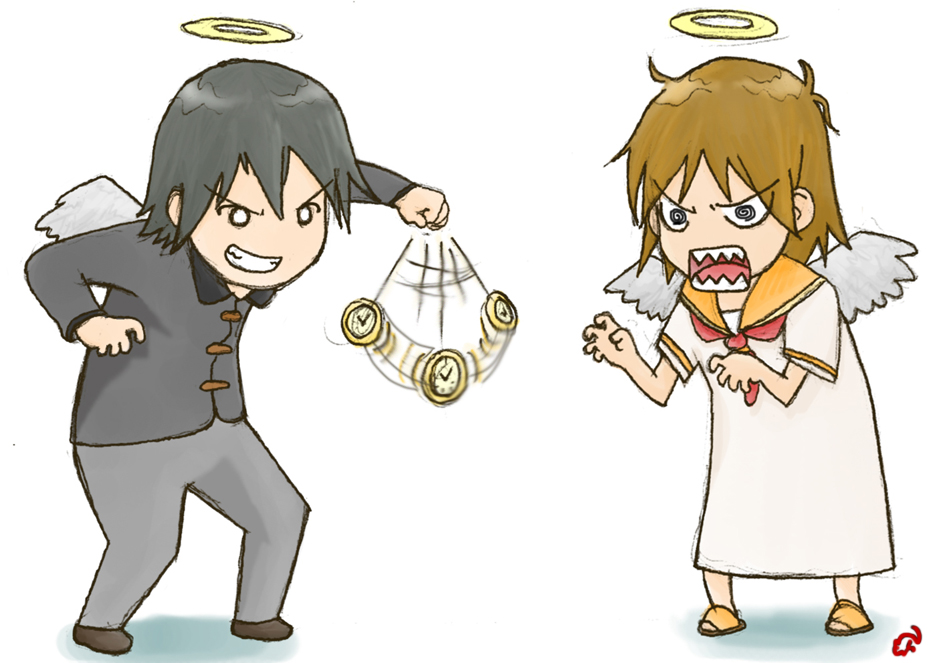 black_hair, brown_hair, chinese_clothes, haibane_renmei, halo, hypnosis, hypnotism, kana