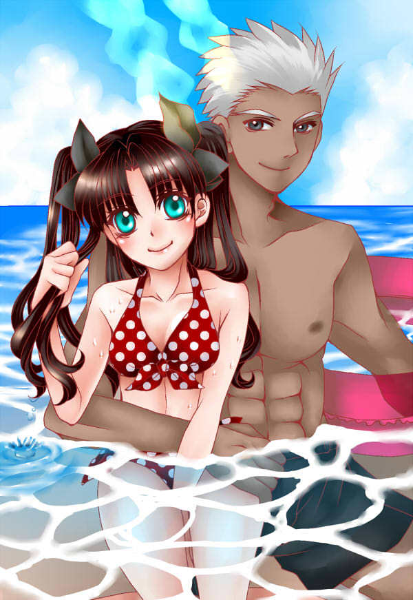 1boy, 1girl, archer, bikini, black_hair, blue_eyes, dark_skin, drip