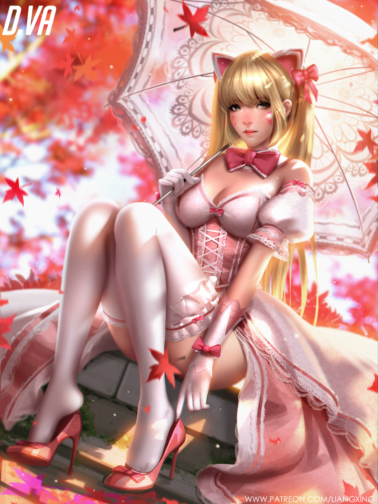 1girl, alternate_color, alternate_costume, animal_ears, autumn_leaves, backlighting, black_cat_d.va, blonde_hair