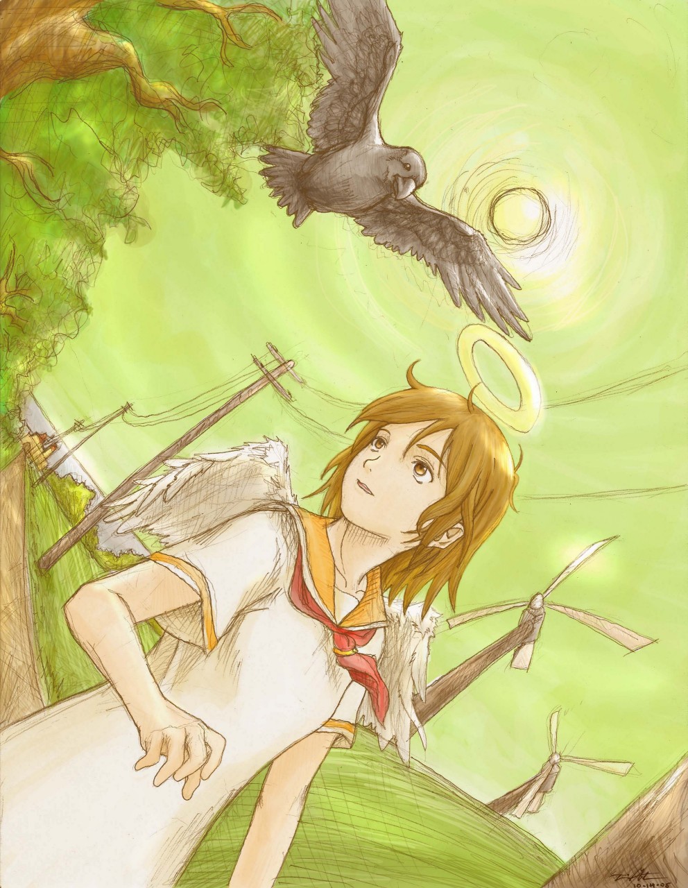 brown_hair, crow, haibane_renmei, halo, highres, power_lines, rakka, sailor_collar