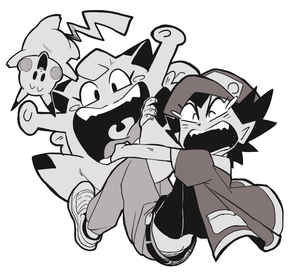 1boy, akai_isamu_(pokemon), baseball_cap, blush_stickers, buck_teeth, clefairy, closed_eyes, falling