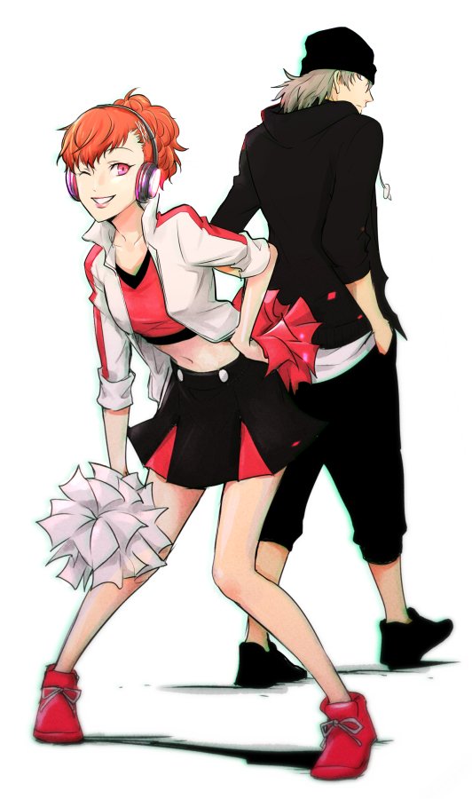 1boy, 1girl, ;), aragaki_shinjirou, beanie, bent_over, female_protagonist_(persona_3), full_body