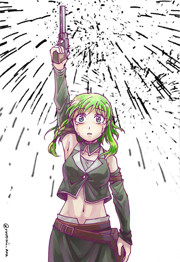 1girl, armpits, artist_name, bare_shoulders, belt, braid, collarbone, crop_top