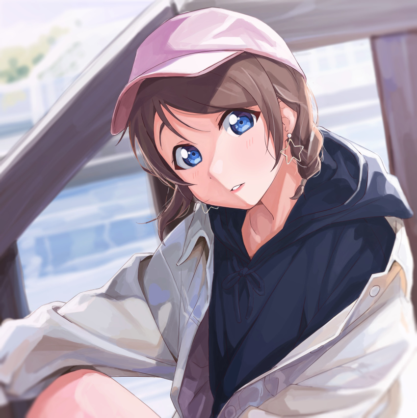 1girl, absurdres, black_hoodie, blue_eyes, earrings, gamjolno, grey_hair, grey_jacket