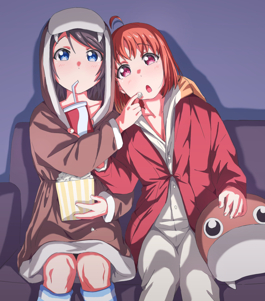 2girls, absurdres, animal_hood, bangs, blue_eyes, couch, cup, drinking_glass