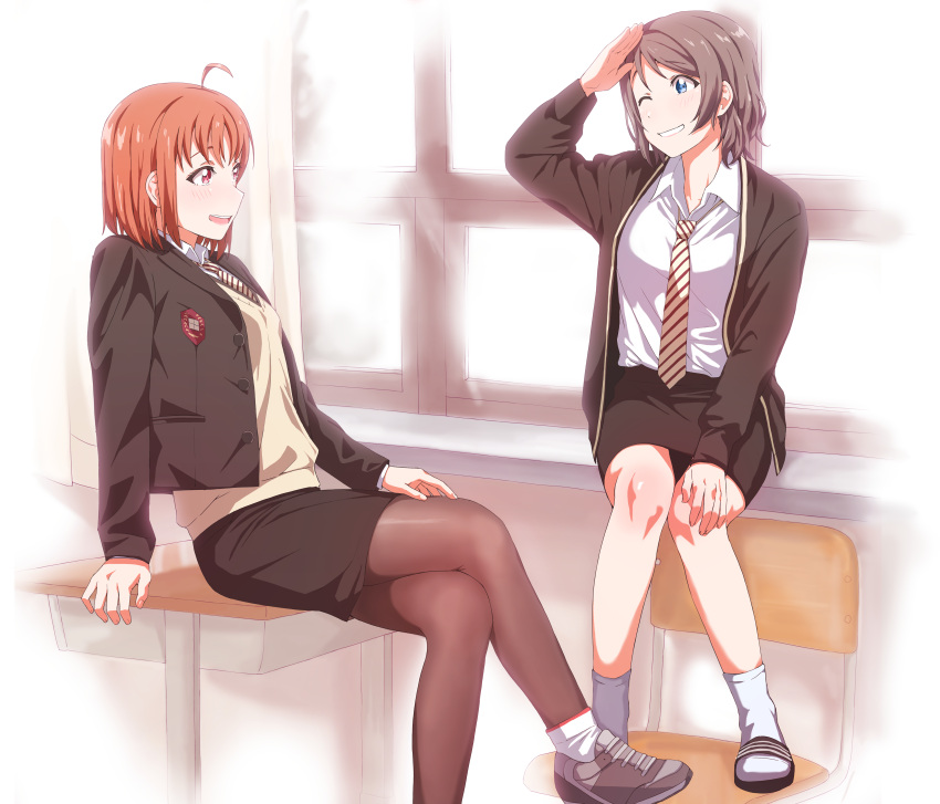 2girls, absurdres, ahoge, bangs, black_jacket, black_legwear, black_skirt, collared_shirt