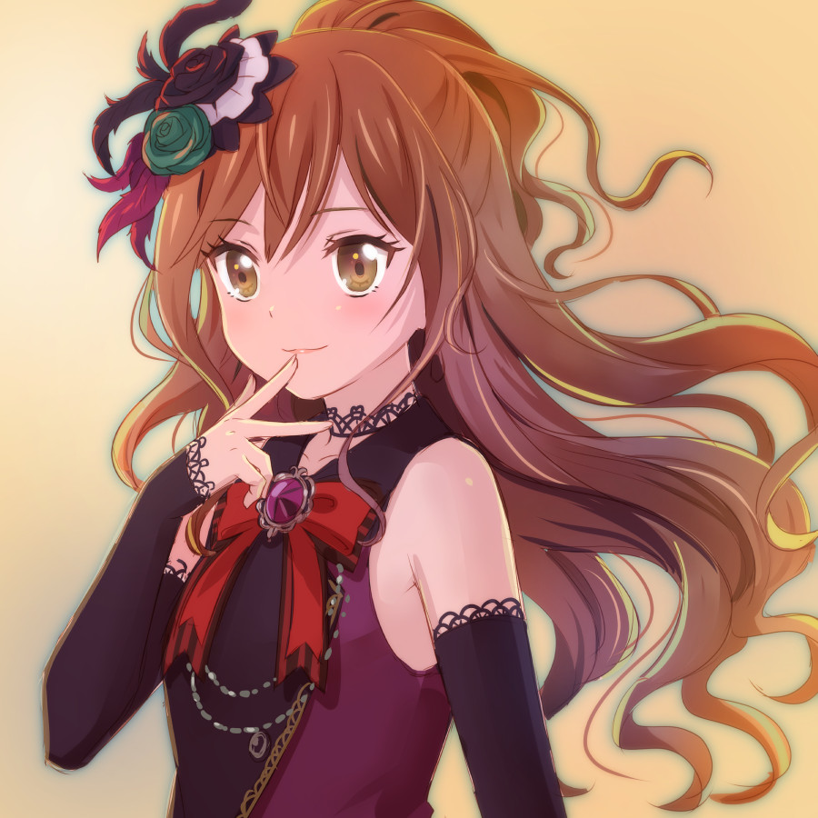 1girl, bang_dream!, bang_dream!_girls_band_party!, brown_hair, finger_to_mouth, hair_between_eyes, half_updo, imai_lisa